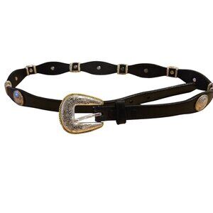 Women's Black Leather Western Concho Belt with Engraved Buckle